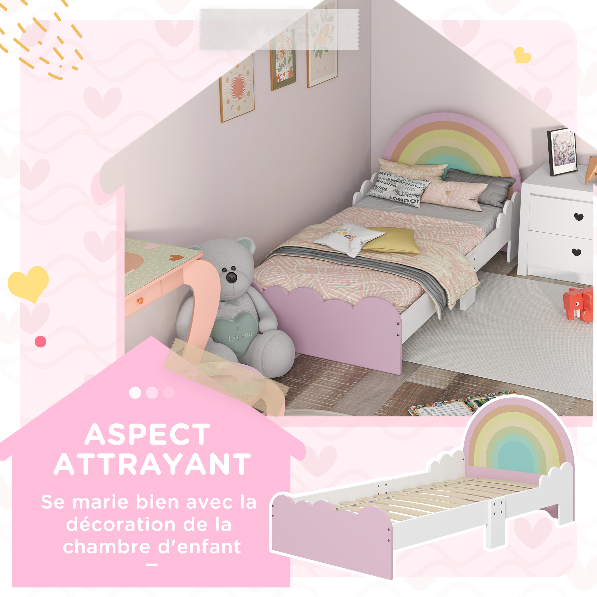 Lit enfant design girly motifs arc en ciel, nuages - sommier à lattes inclus - MDF contreplaqué rose blanc