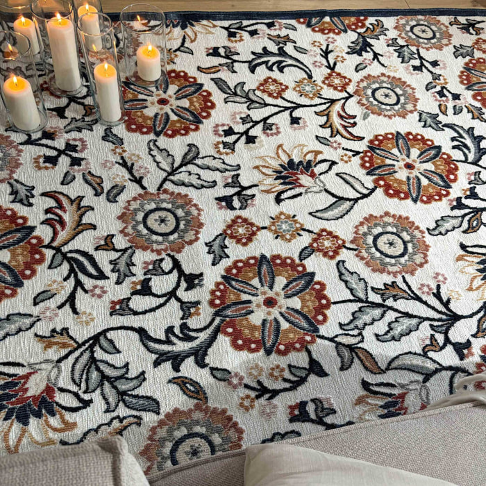 GARDEN - Tapis d'intérieur / extérieur à motif floral blanc, bleu, rouge, noir, gris, beige