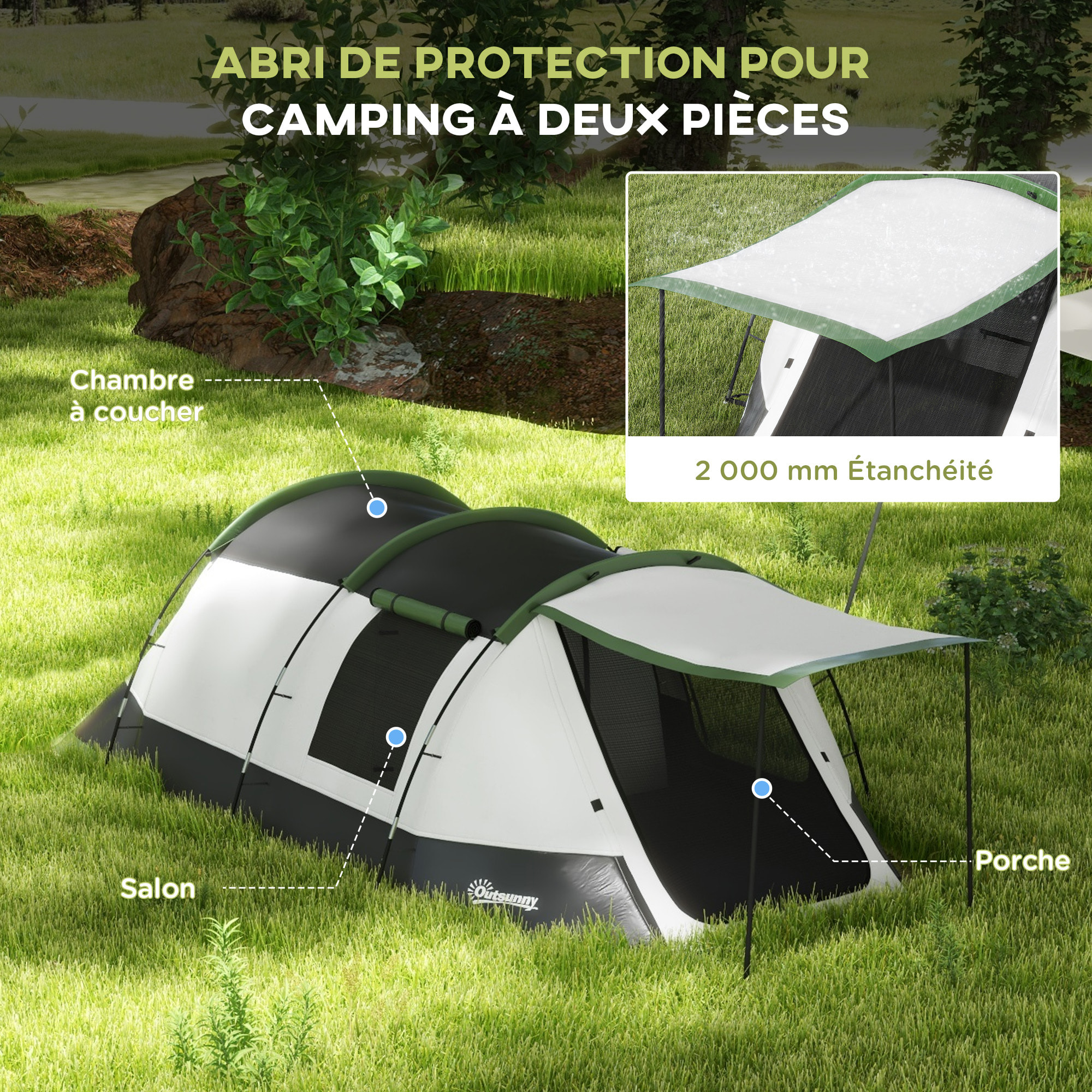 Tente de camping familiale 3-4 pers. - tente tunnel porche étanche 2000 mm - sac de transport inclus - gris