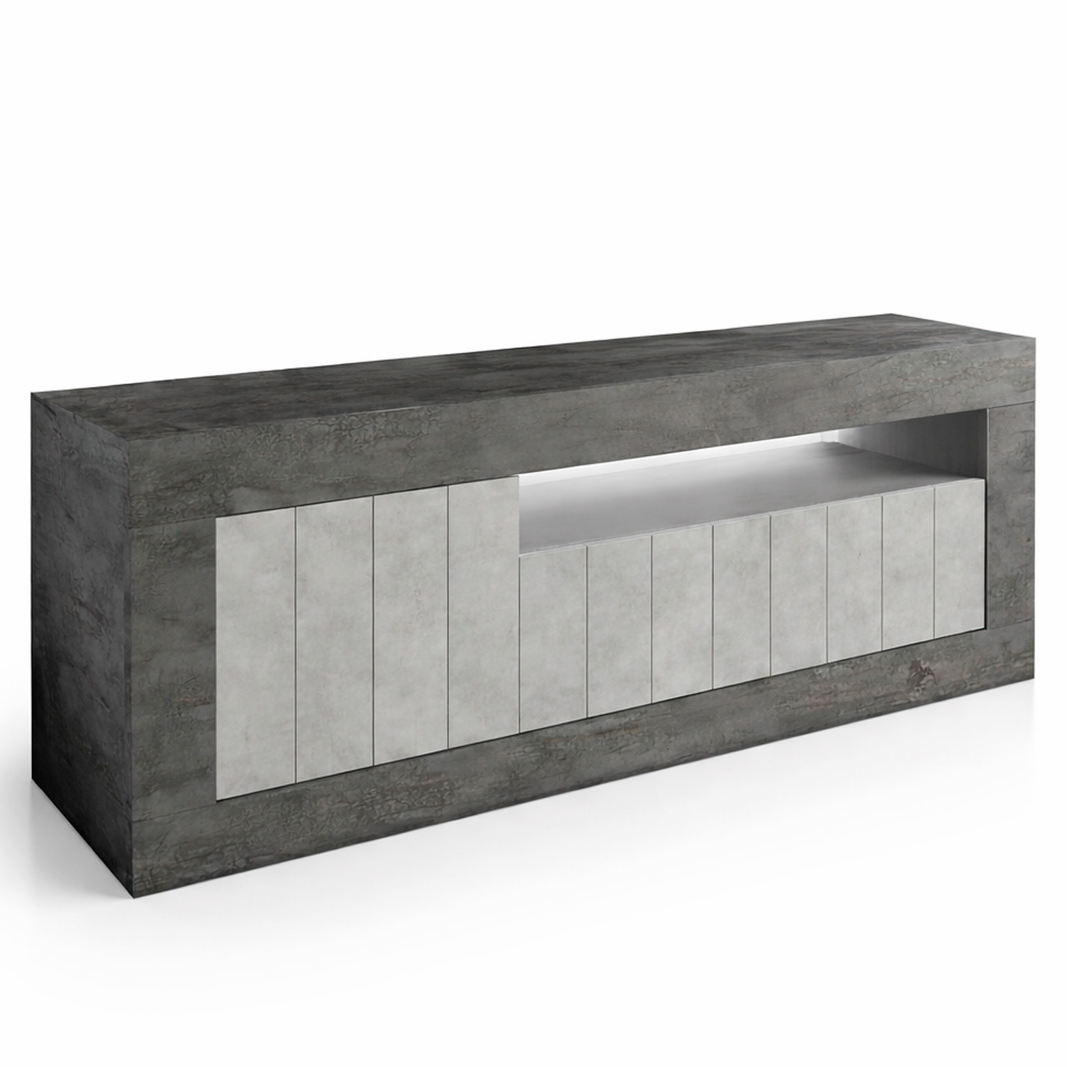 Mobile TV Basso In Melaminico Con Anta Laterale E Ribalta Vano A Giorno Ripiani Mensole Interne Moderno 136.9 x 41.8 x 56 Cm Ossido e Grigio Cemento