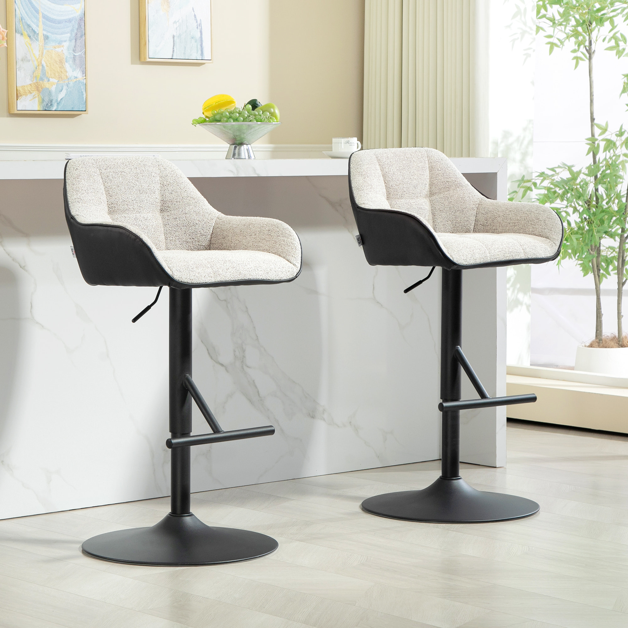Lot de 2 tabourets de bar design capitonné acier noir mat tissu gris clair