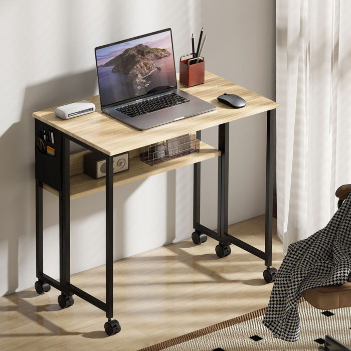 Bureau pliable à roulettes dim. 80x50cm étagère pochette rangement acier noir effet chêne clair