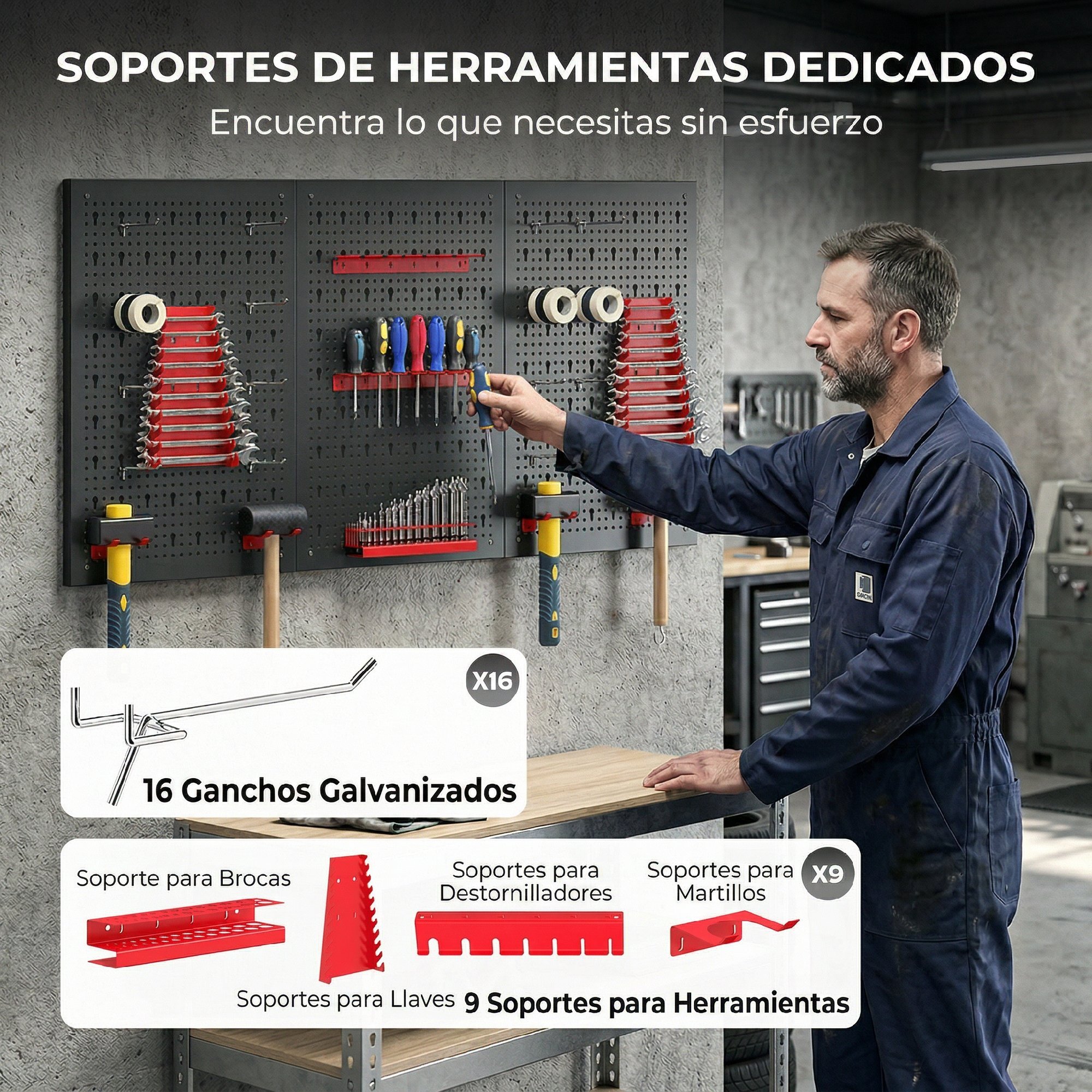3 Paneles de Herramientas de Pared, 28 Piezas, cada panel 60x40 cm, Organizador de Herramientas de Pared con Ganchos y Estantes, para Garajes y Bricolaje, Negro y Rojo