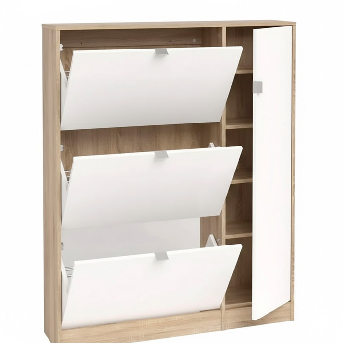 Scarpiera Salvaspazio Con 3 Ante A Ribalta Mobile Laterale Fino A 18 Paia Design Moderno Ingresso Corridoio 98.8x24.05x123.6 Cm Rovere e Bianco Lucido