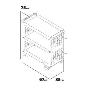 Troller - Carrello da officina a 3 ripiani, pannelli forati laterali e 12 ganci, ruote autobloccanti, superfice di lavoro con tappetino antiscivolo