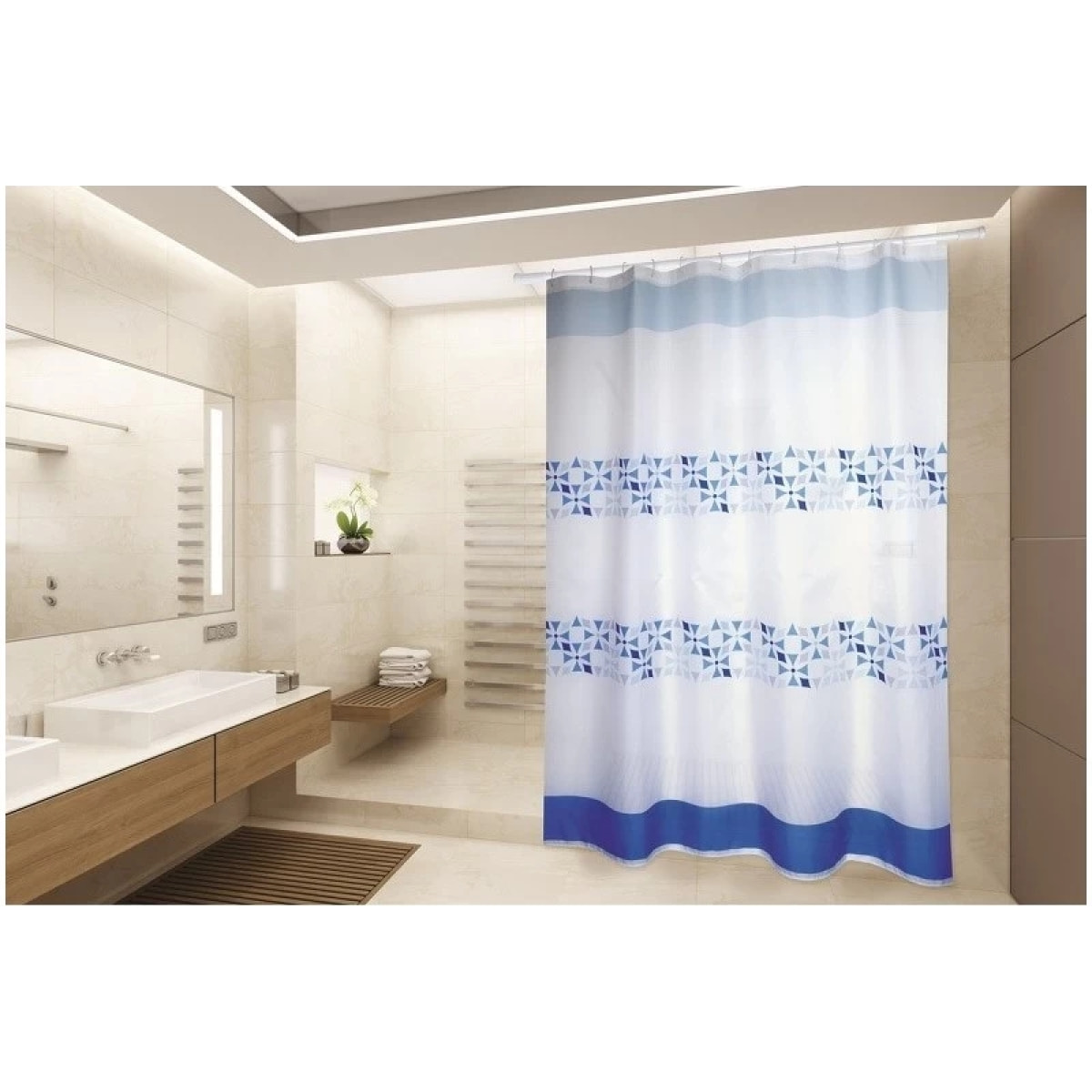 Rideau de douche Polyester PORTO 180x200cm QUALITE PREMIUM Bleu & Blanc - Anneaux inclus MSV