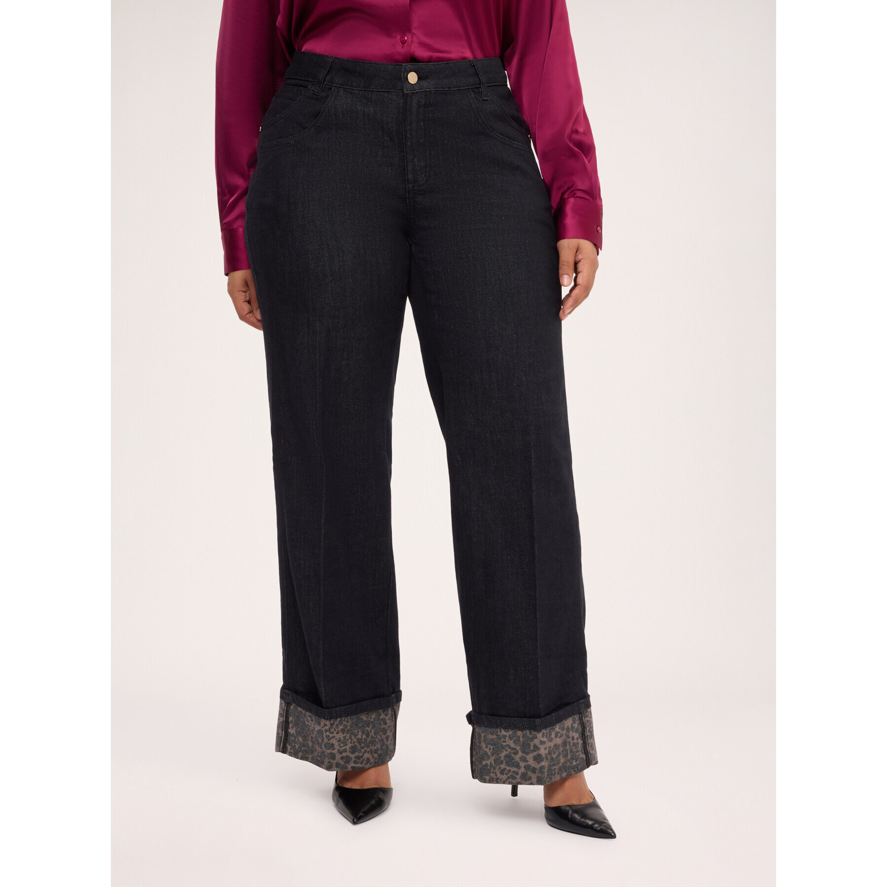 Fiorella Rubino - Jeans regular con risvolto animalier - Nero