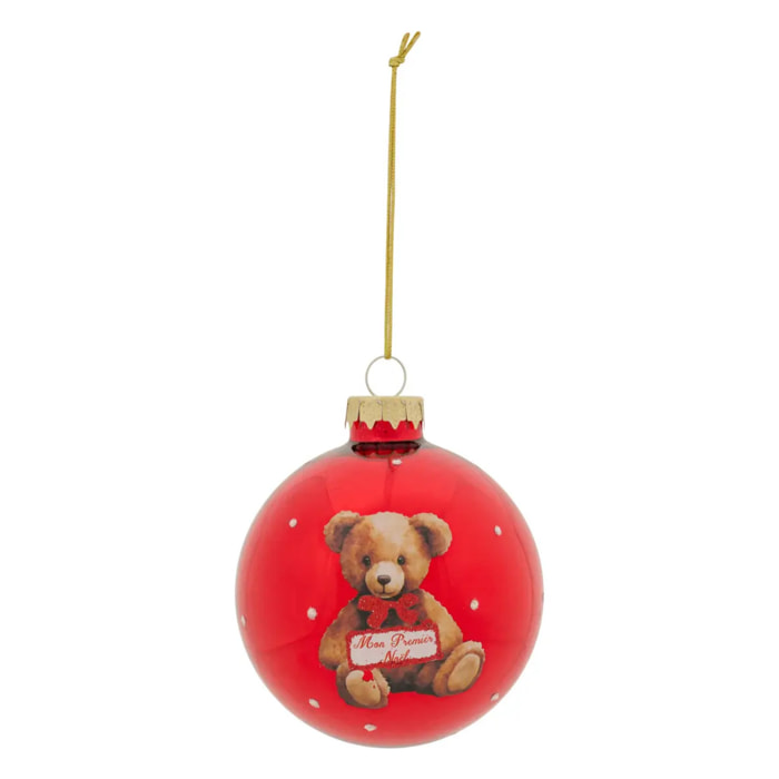 Boule verre ourson Mon Premier Noël D.8cm rouge