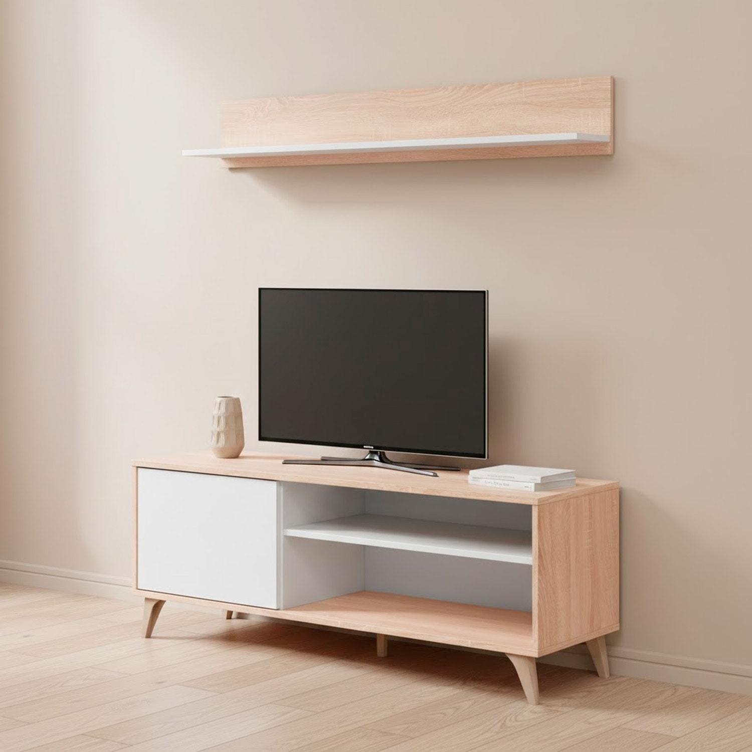 Mobile TV Con Mensola Parete Attrezzata In Stile Nordico Da 135 Cm Con Anta Push E Vani Multimediali Mobile Porta TV 135 x 50 x 40 Cm Rovere E bianco