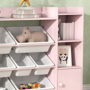 Bibliothèque enfant - rangement à bacs posés x 8 - 4 niches, 3 étagères, 2 portes - rose