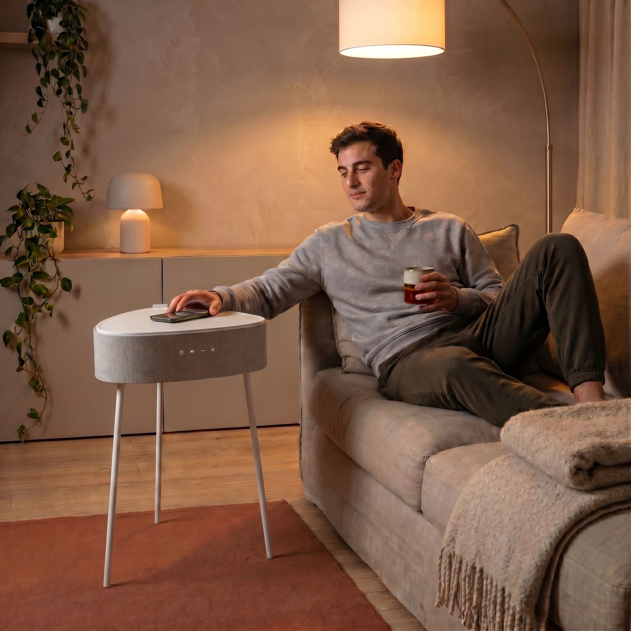Mesa auxiliar altavoz portátil con sonido de 20W, Bluetooth, Base de carga inalámbrica, batería de 2500mAh. Mesilla o mesita para dormitorio o sala de estar - TD Systems SM20B11PB [Blanco]