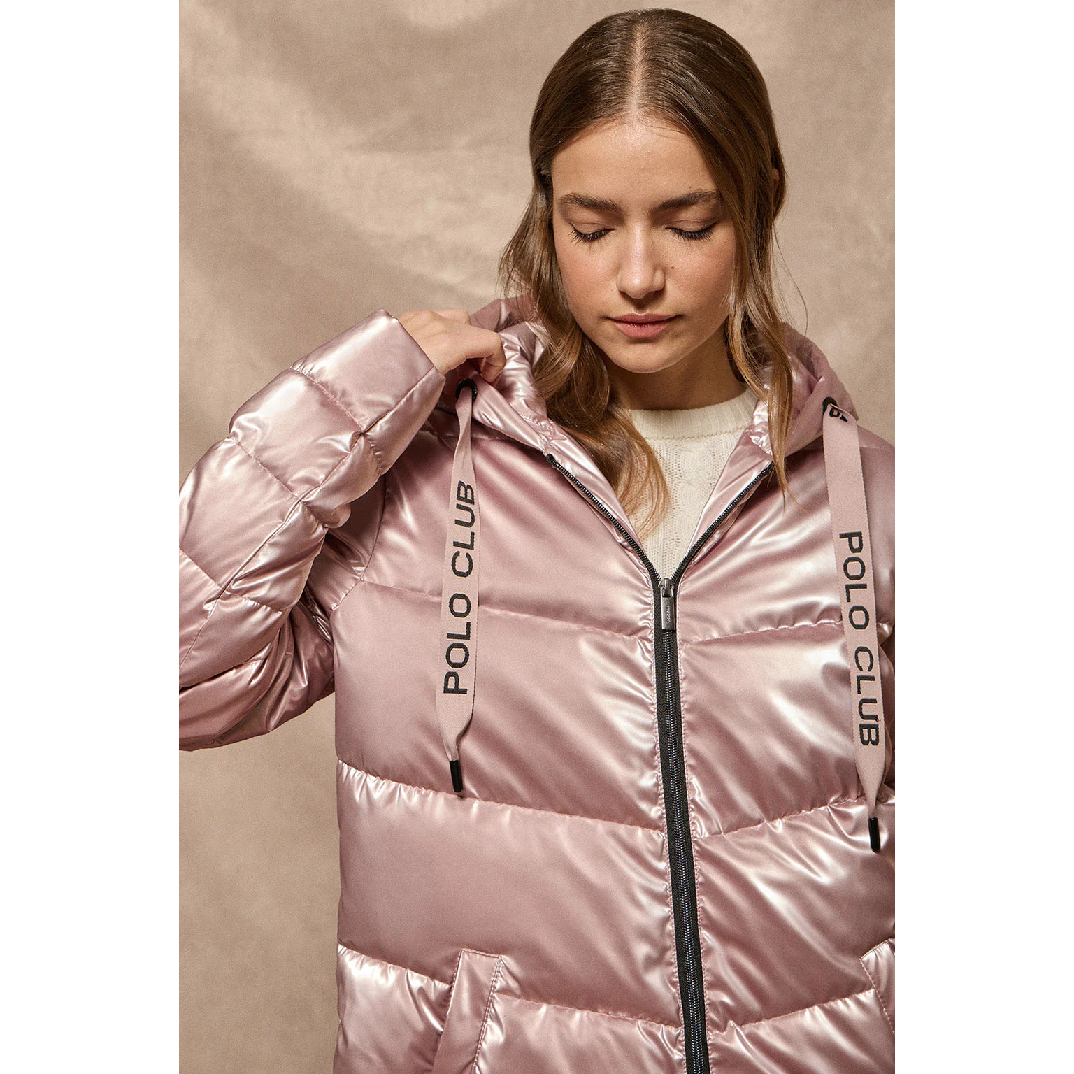 Giaccone Cetele rosa metallizzato con cappuccio fisso e particolari Polo Club
