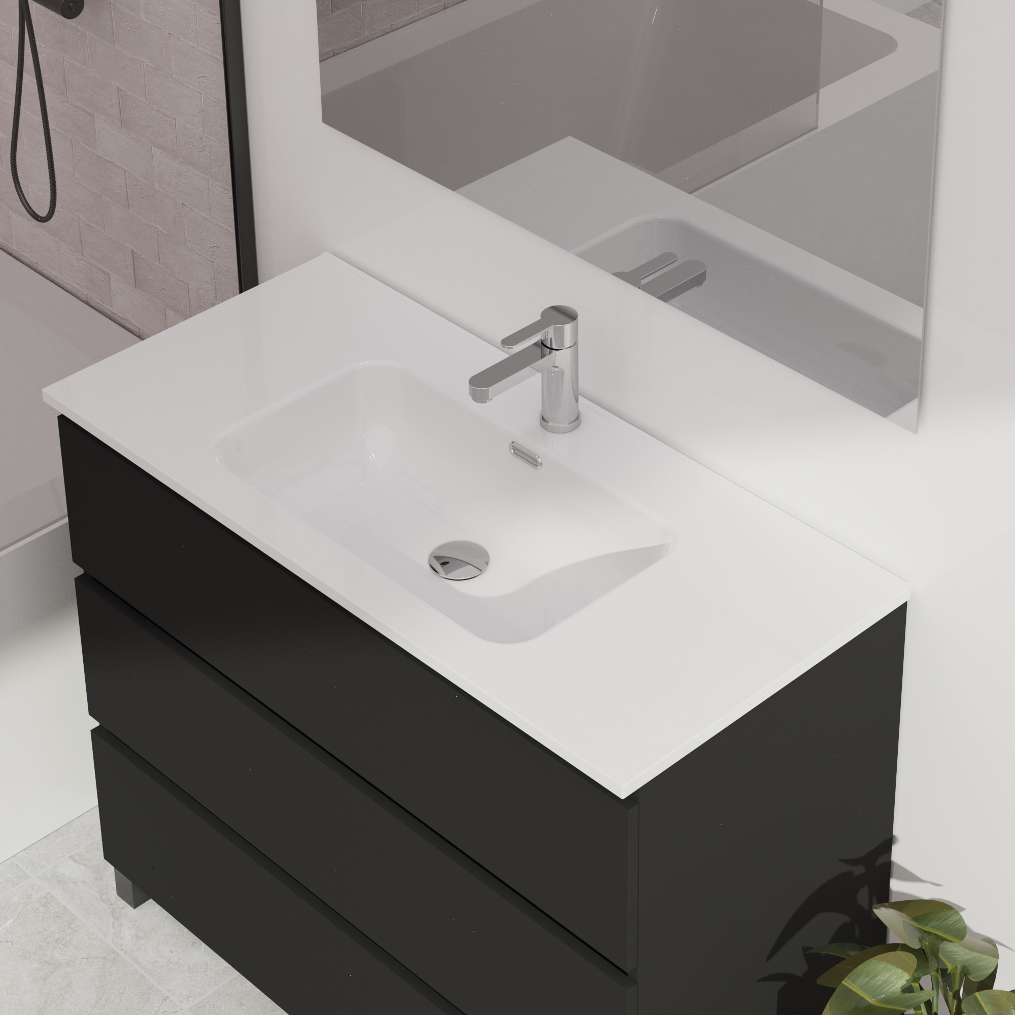 Conjunto de baño Wink | 100 cm Negro Mate | Tres cajones | Lavabo encastrado | No incluye espejo | Mueble montado | Alday