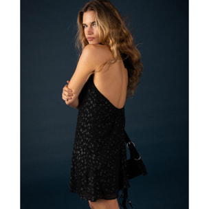 Vestido corto plumeti con lúrex y escote halter de mujer