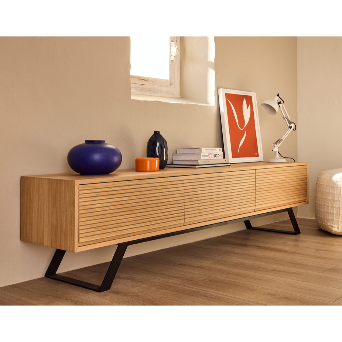 Zapallar - meuble TV - bois et noir - 206 cm - Bois / Noir