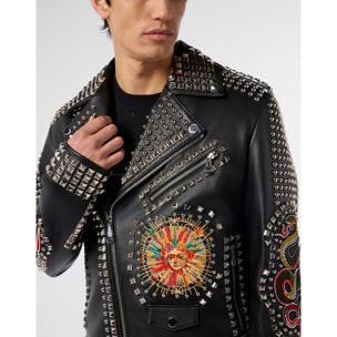 PHILIPP PLEIN Vintage Leather Biker Jacket Studs & Patches