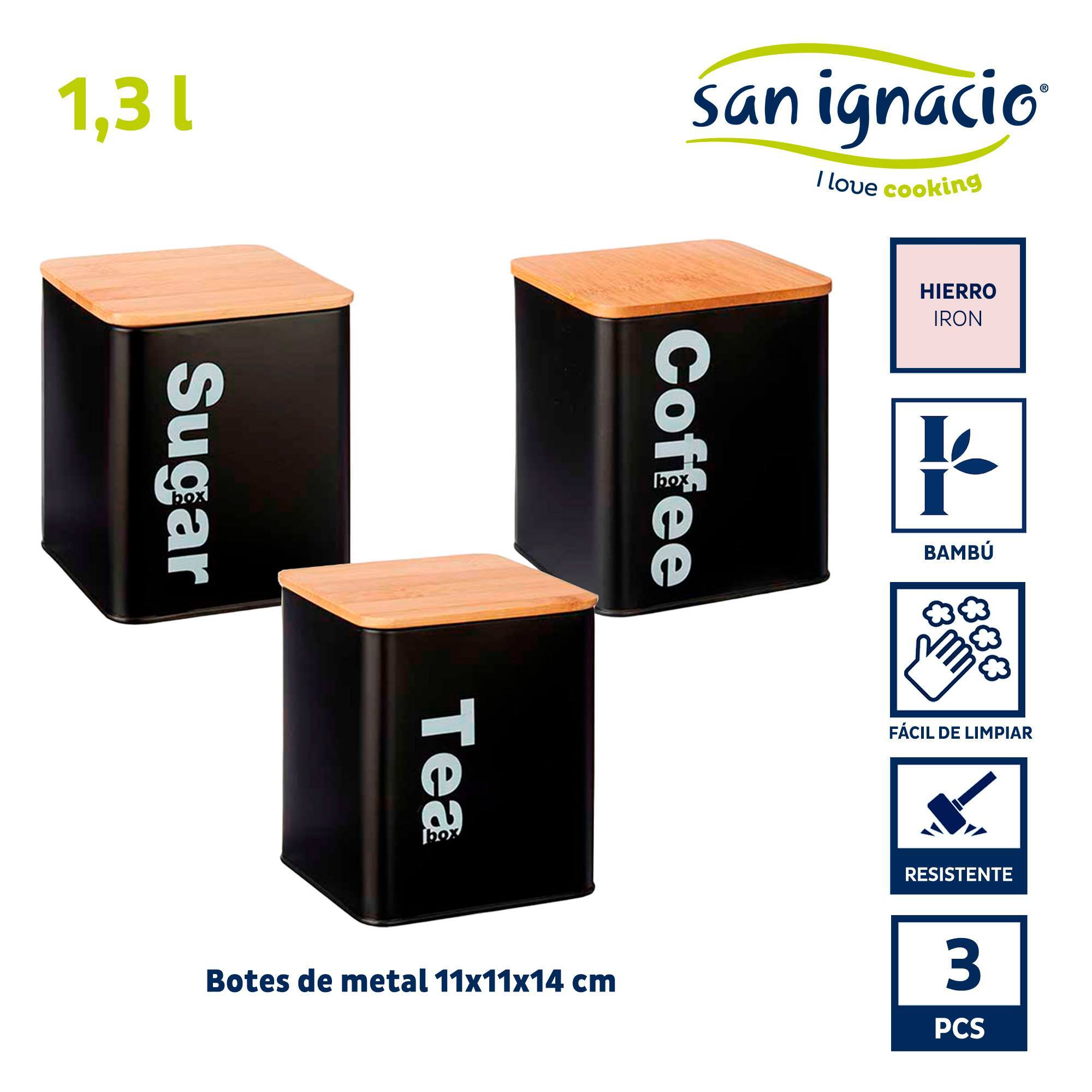 Set 3 pzs bote metal negro tapa bambu 1, colección kinvara