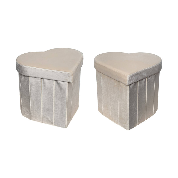 Lot de 2 tabourets-coffre pliables pour enfant avec assise en velours beige et en forme de cœur