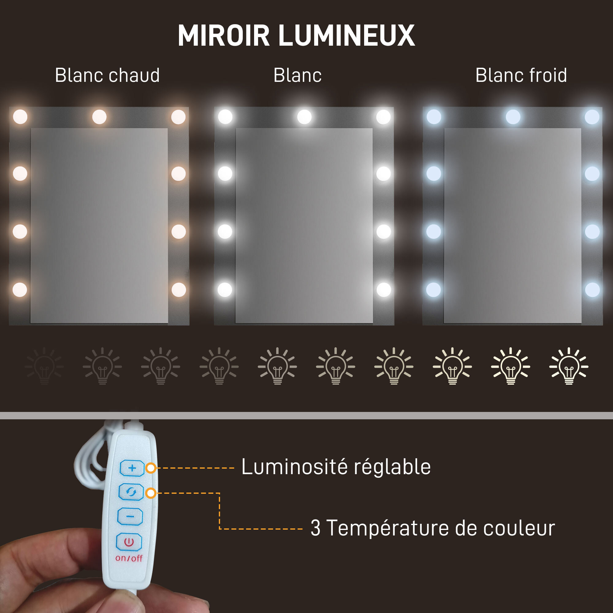 Coiffeuse style industriel - miroir LED réglable - 4 tiroirs tissu - acier noir aspect bois vieilli