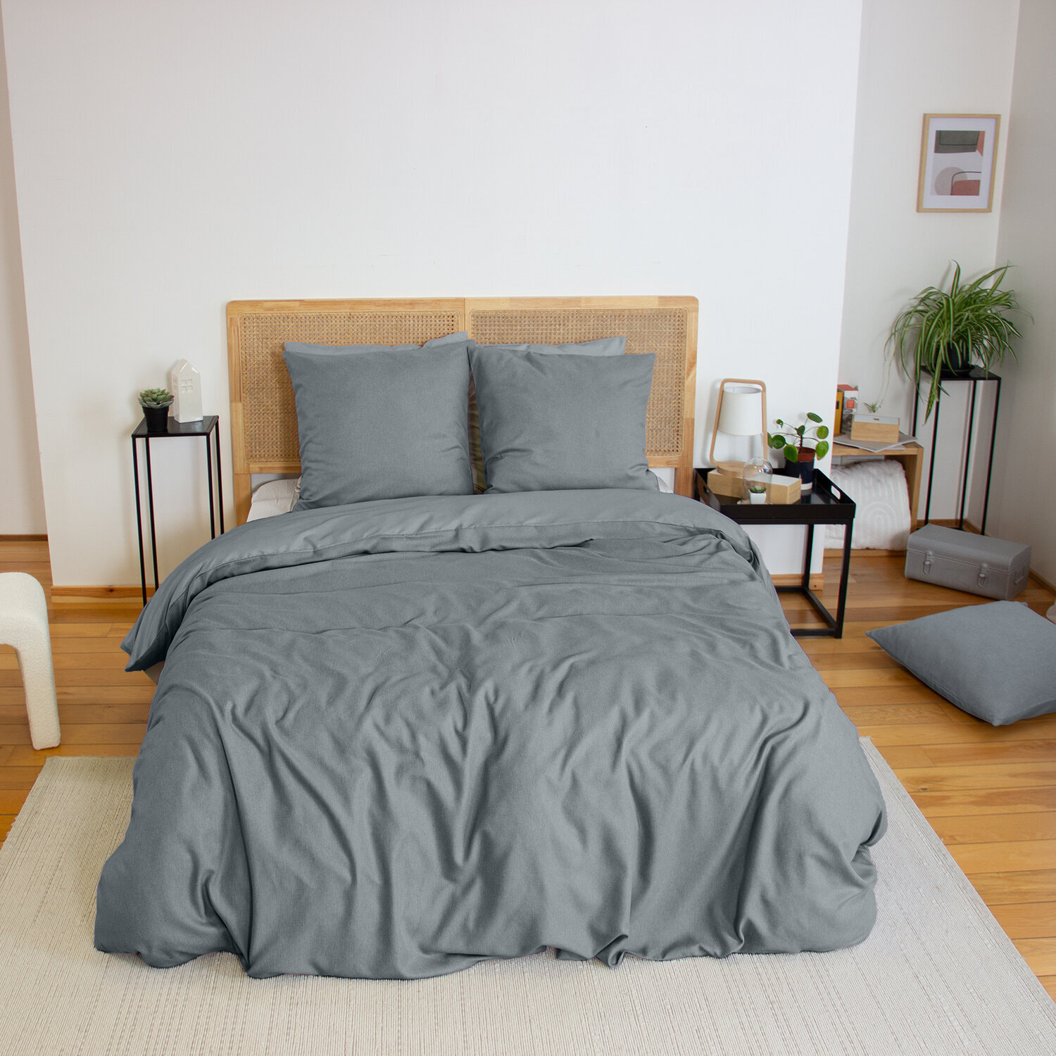 Parure housse de couette 3PCS en MICROFIBRE EFFET FLANELLE - ARDOISE