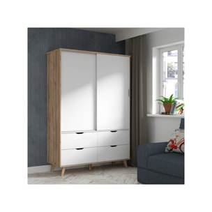 Armoire 2 portes 4 tiroirs effet bois chêne naturel et blanc mat - WANDA