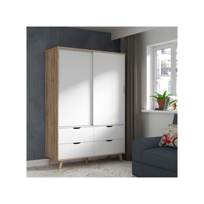 Armoire 2 portes 4 tiroirs effet bois chêne naturel et blanc mat - WANDA