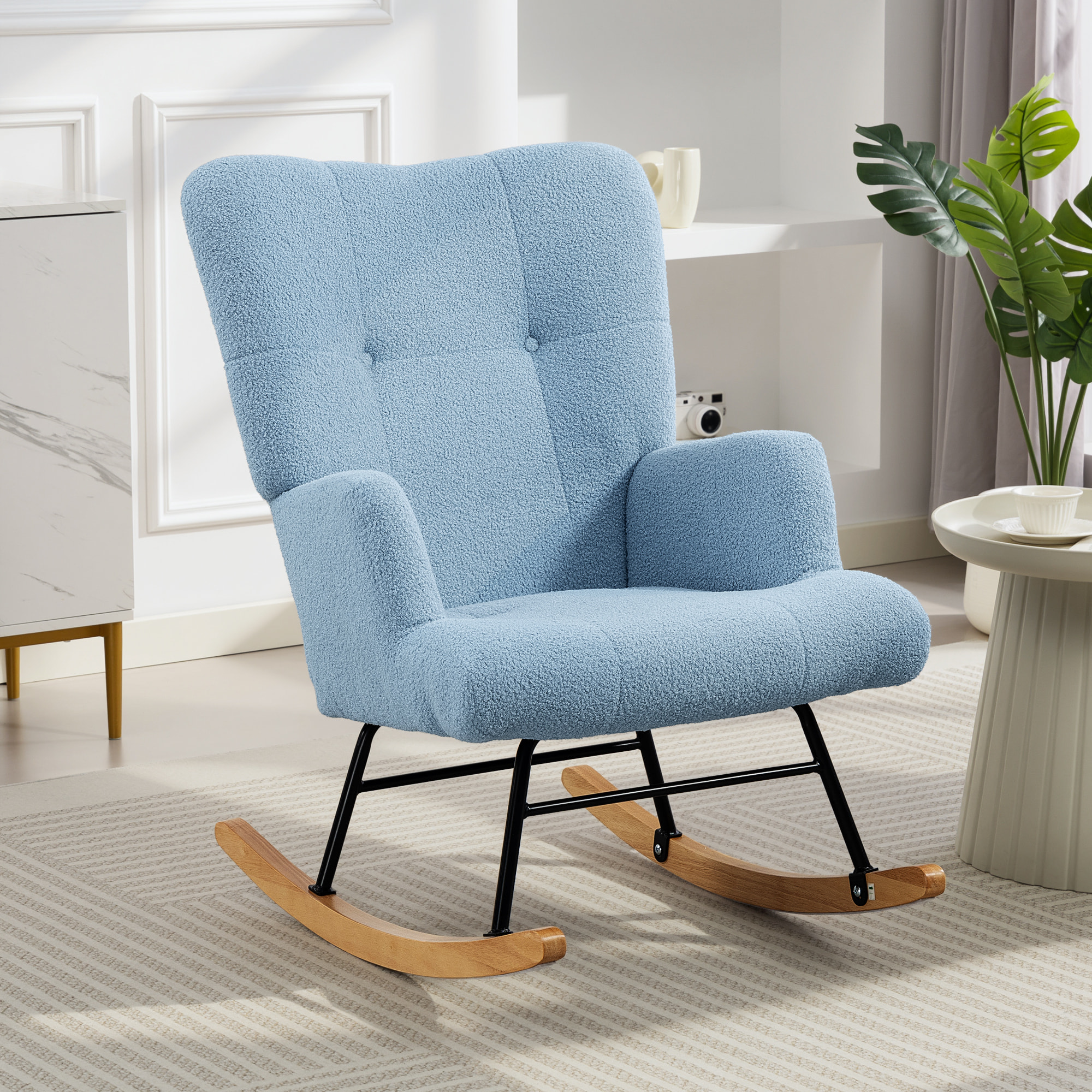 Silla Mecedora, Mecedora de Terciopelo de Teddy con Respaldo Alto, Patas de Madera de Caucho, Reposabrazos, Estilo Moderno, Sillón de Lactancia, Carga 120 kg, para Dormitorio, Salón, Azul Claro