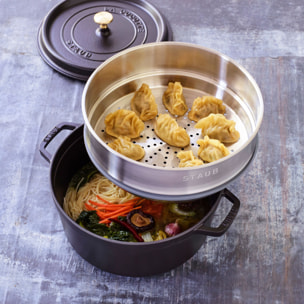 Cocotte avec panier vapeur 26 cm, Rond(e), Noir mat, Fonte