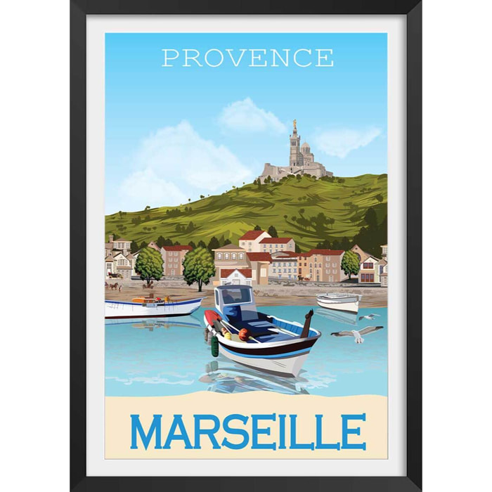 Affiche vintage le vieux port de marseille Affiche + cadre en bois - Noir