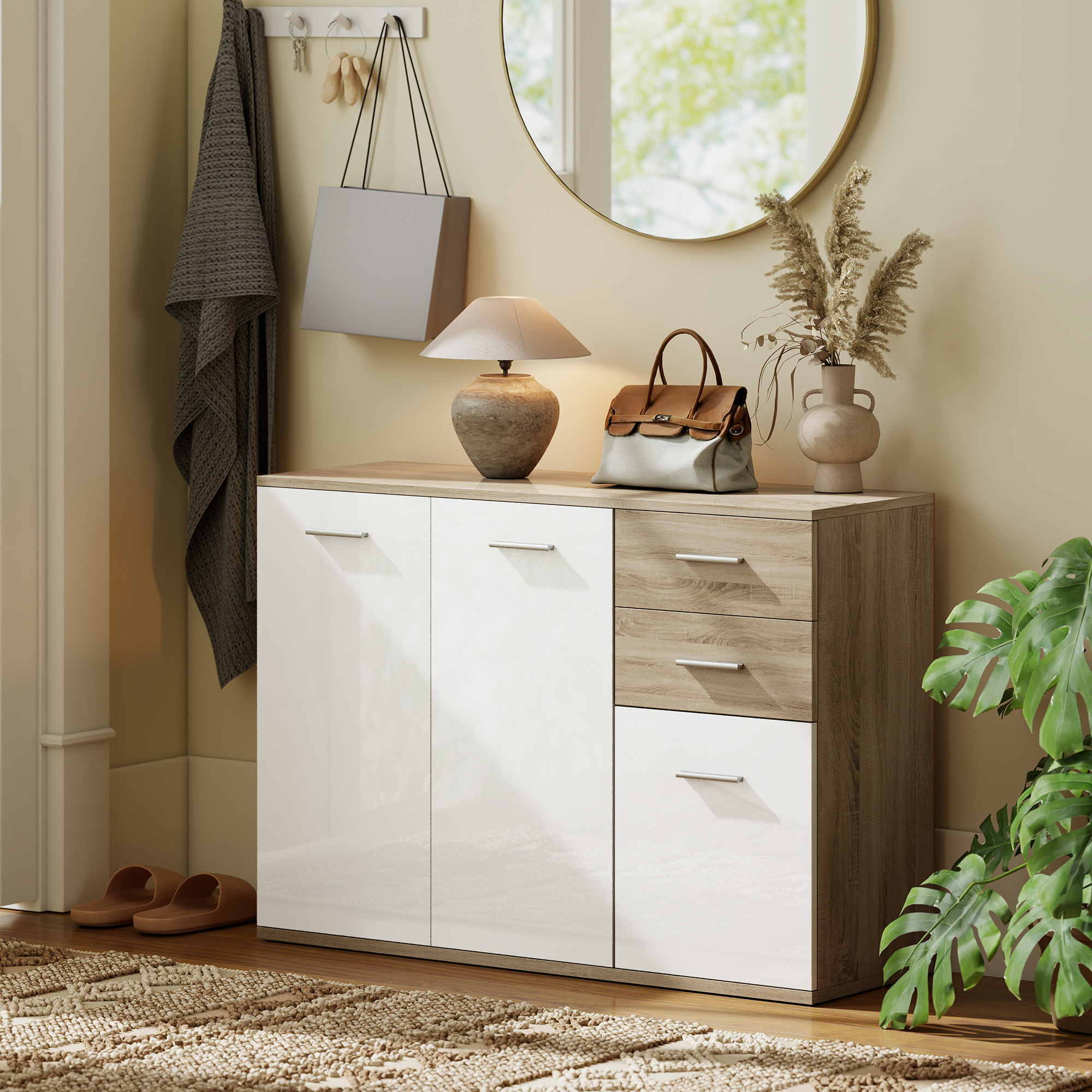 Buffet 2 tiroirs coulissants 2 placards étagère réglable panneaux blanc laqué effet bois naturel