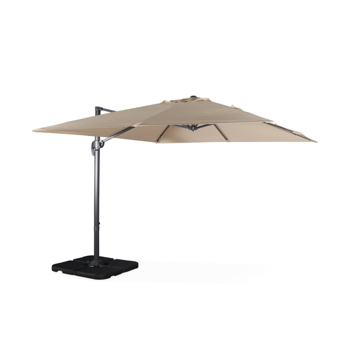 Parasol déporté carré beige 3x3m structure grise + Lot de 4 dalles à lester 50x50cm