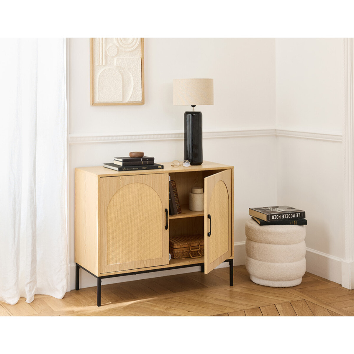 Nagato - buffet bas - cannage et effet bois - 2 portes - 100 cm - Bois / Noir