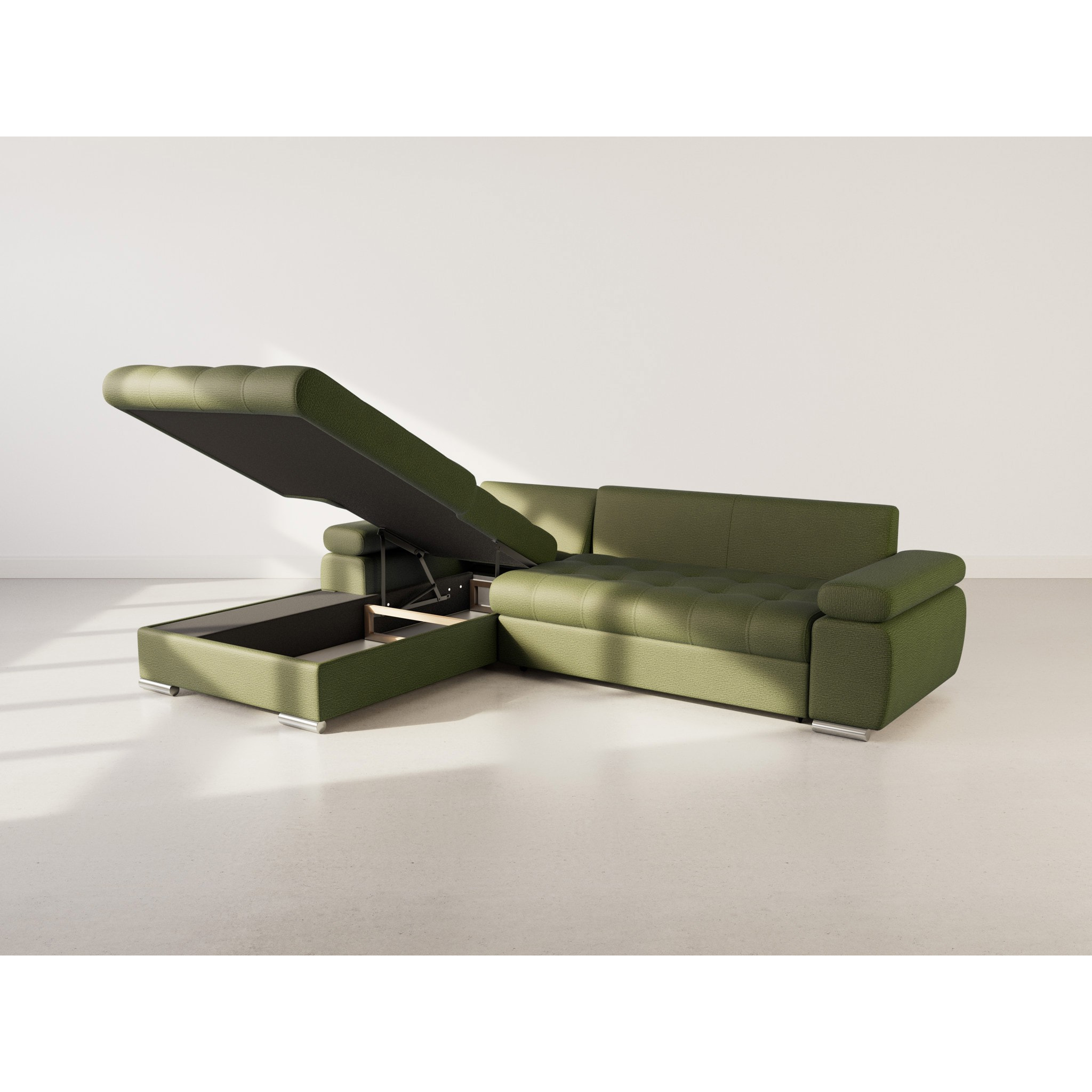 Bianca - Canapé d'angle gauche 4 places convertible avec coffre en tissu texturé - Vert