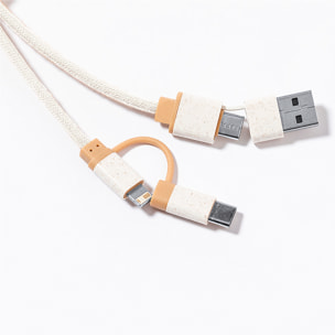 Cable cargador triple nature bambú :Micro USB, Tipo C y Lightning 5V DC 2.4A