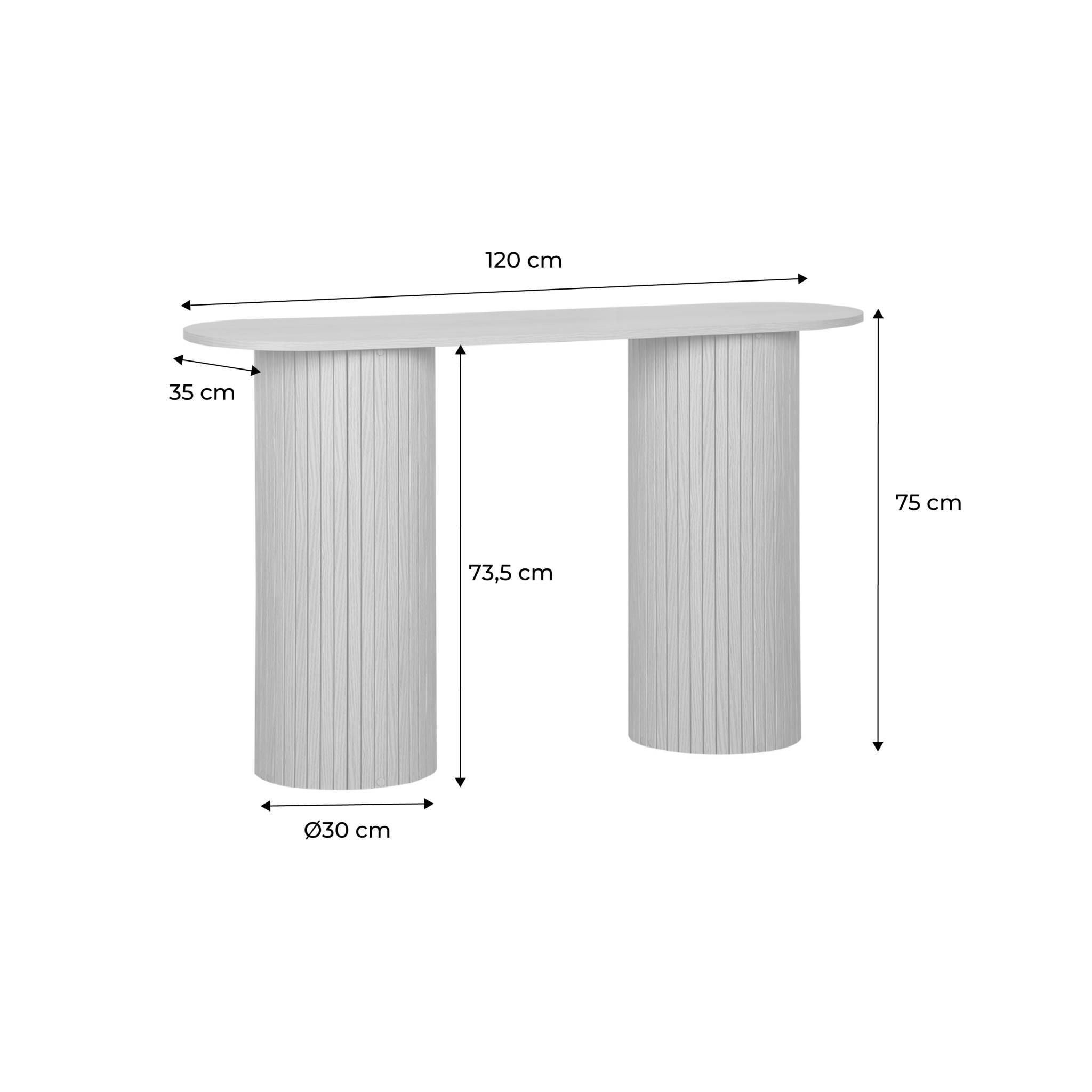 Console ovale scandinave décor bois rainuré. pieds ronds. couleur noyer. L 120 x P 35 x H 75cm