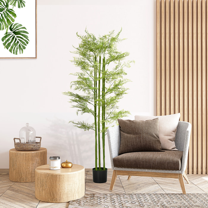 Plante artificielle aspect haute fougère H. 155 cm 28 feuilles denses réalistes pot inclus noir avec lichen vert