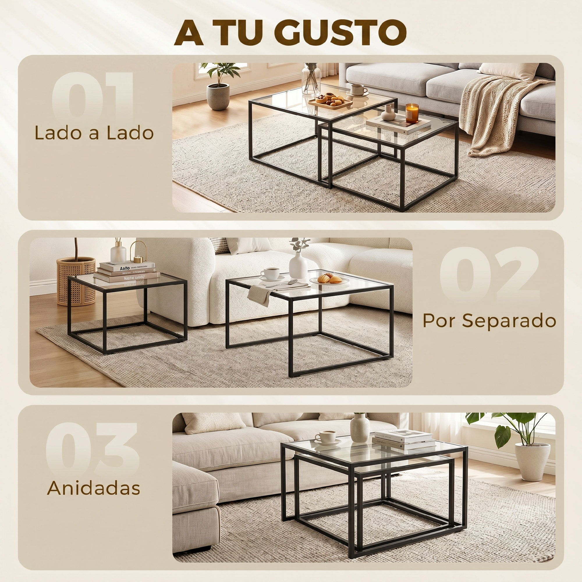 Set de 2 Mesas de Centro Cuadradas, Mesas Nido Modernas con Tablero de Vidrio Templado y Estructura Metálica, Ahorra Espacio, para Salón, Dormitorio u Oficina, 75x75x42 cm, Negro