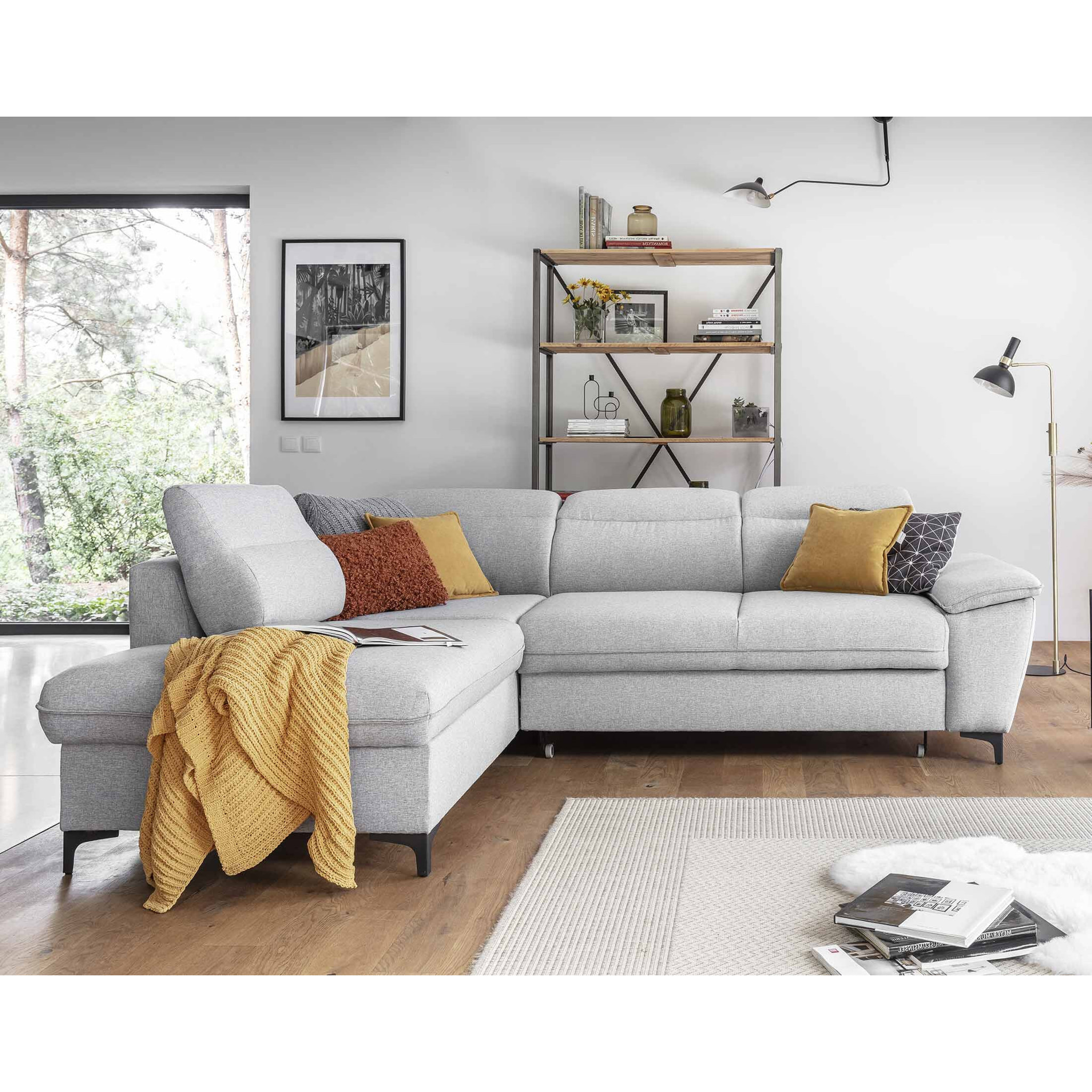 Clever - canapé d'angle gauche - 5 places - convertible avec coffre et têtières - en tissu - Gris clair