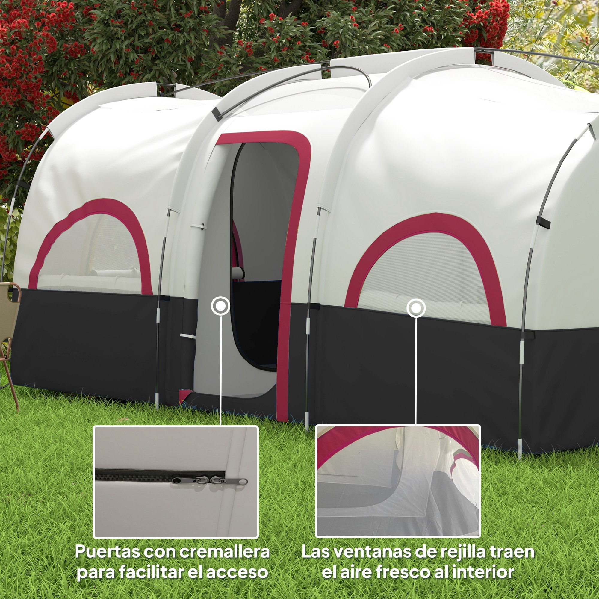 Tienda de Campaña Familiar tipo Túnel para de 4-6 Personas Impermeable 3000 mm Tienda de Camping Plegable con 2 Dormitorios Bolsa para Senderismo 435x251x195 cm Gris Oscuro y Blanco