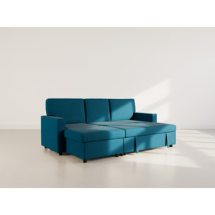Meiya - canapé d'angle réversible 4 places convertible avec coffre en tissu - Bleu
