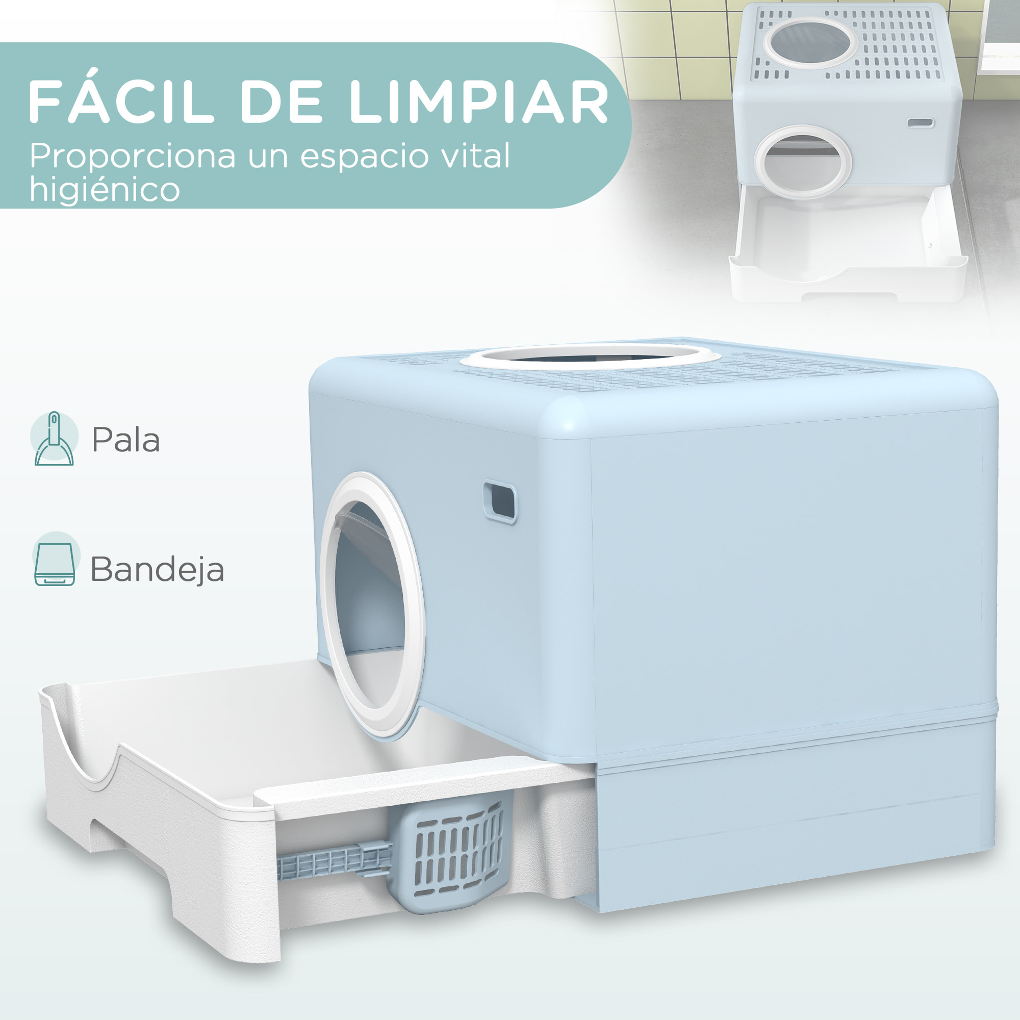 Arenero para Gatos Cubierto, Caja de Arena para Gatos con Bandeja Extraíble, Entrada Frontal y Salida Superior, Pala, Fácil de Limpiar, Antifugas, Azul