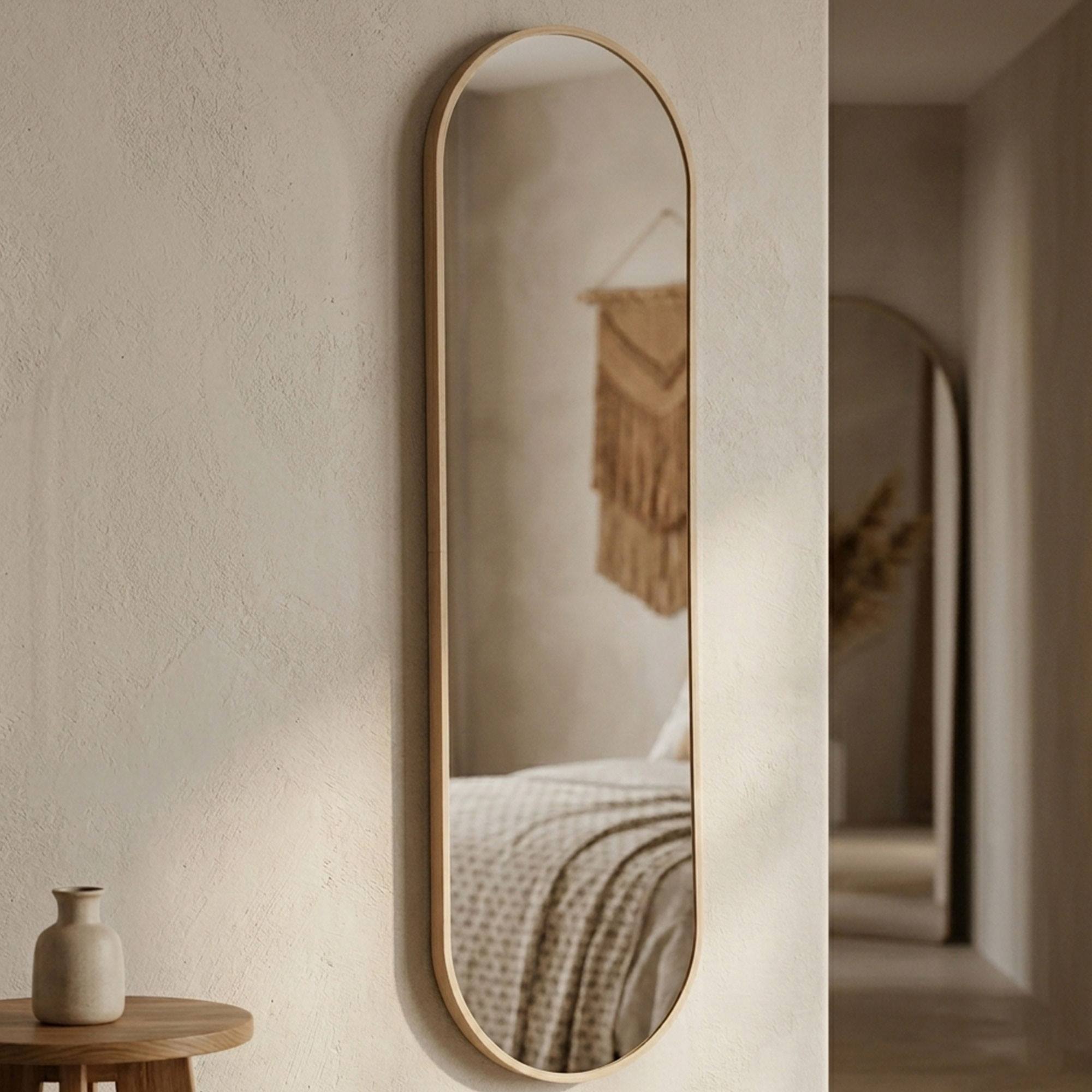 Espejo ovalado 30x100cm marco de madera clara, con gancho trasero para pared, ideal para dormitorio o pasillo