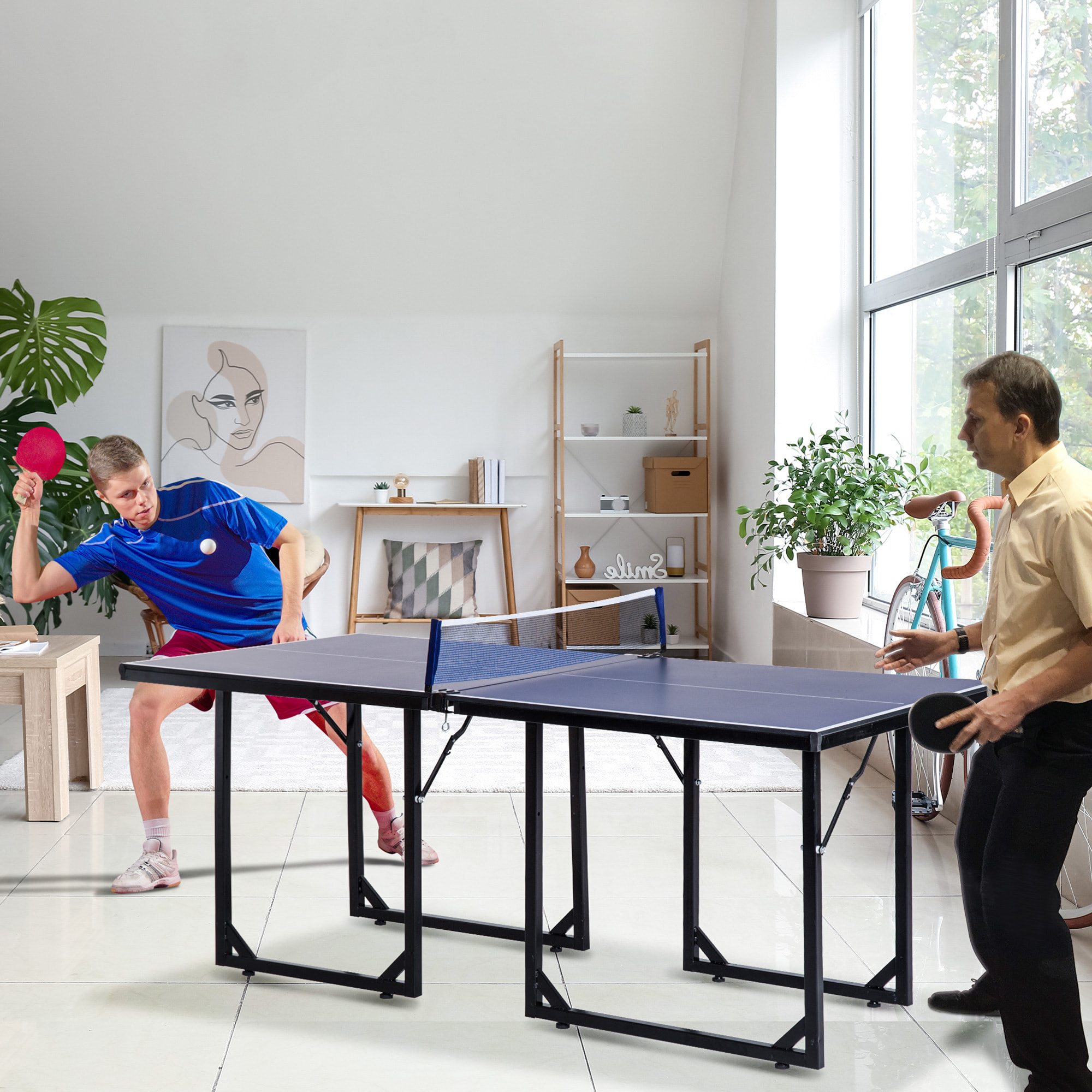 Table de ping-pong tennis de table pliable compacte pieds de nivellement antidérapants acier noir MDF bleu