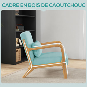 Fauteuil lounge - 3 coussins inclus - assise profonde - accoudoirs - structure bois hévéa - aspect velours turquoise