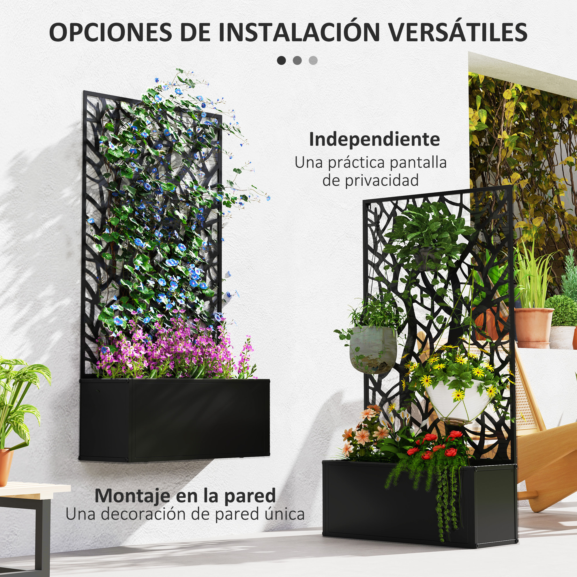 Jardinera Exterior Grande de Metal Jardinera con Pantalla de Privacidad de Hojas Decorativas Jardinera de Pared o Independiente para Patio Terraza 61x23x113 cm Negro