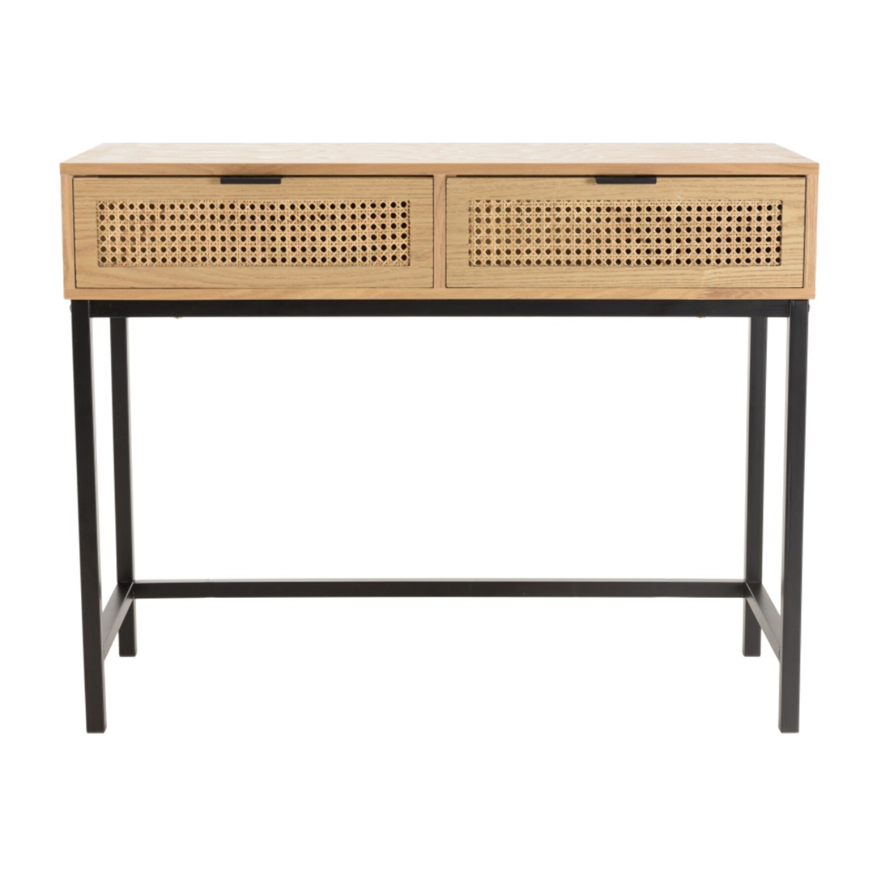 MARCEAU - Console 2 tiroirs cannage naturel pieds métal noir
