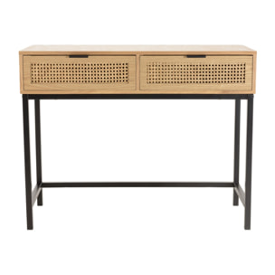 MARCEAU - Console 2 tiroirs cannage naturel pieds métal noir