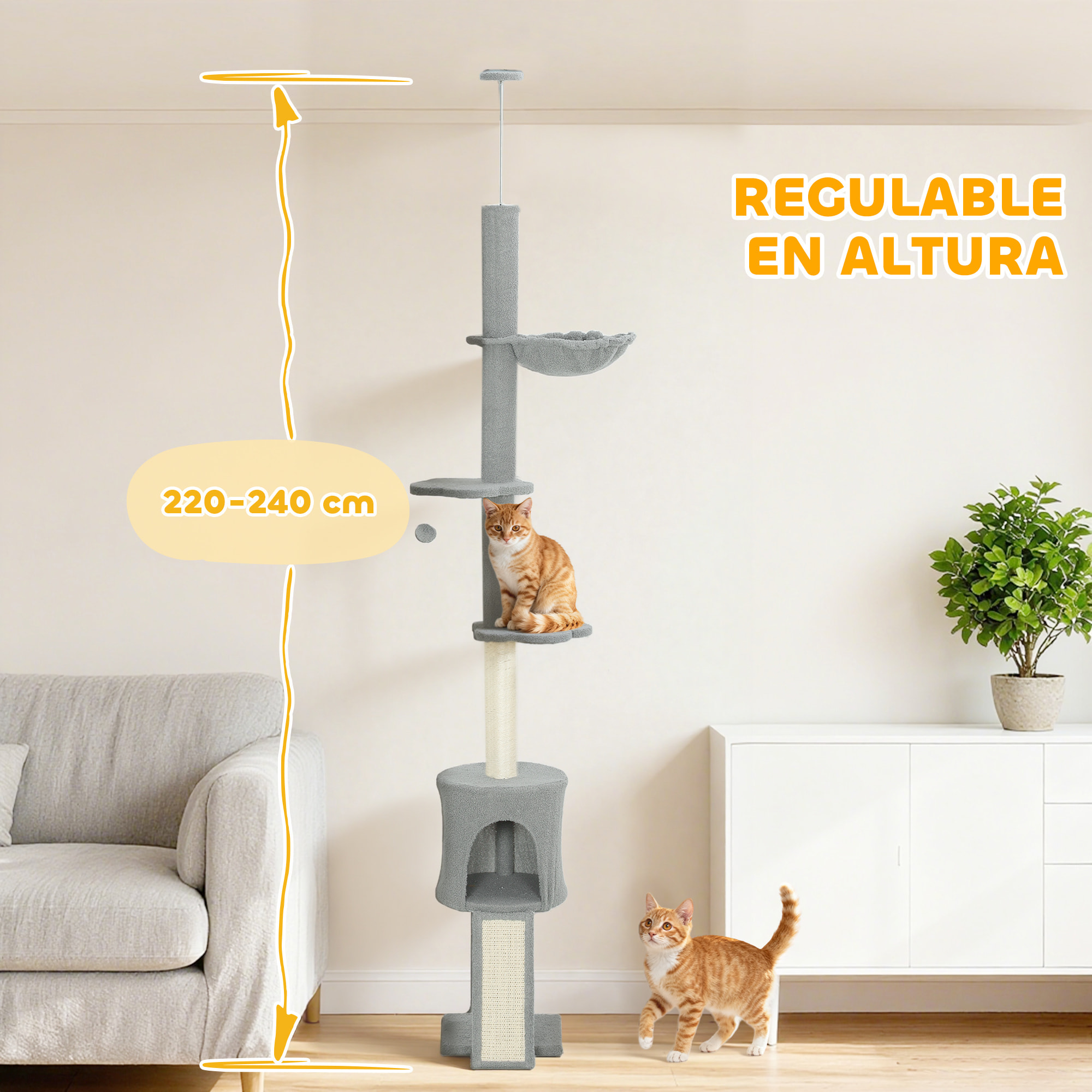 Árbol para Gatos de Suelo a Techo, Altura Ajustable de 220-240 cm, Torre para Gatos con Hamaca, Plataformas en Flor, Cuevas, Rampa y Bola, Gris Claro