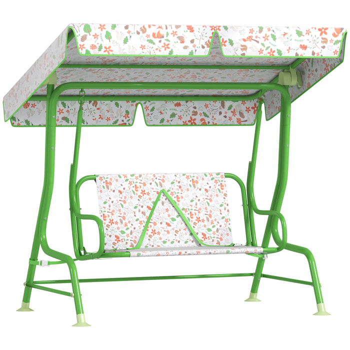 Columpio de Jardín Exterior para Niños de +3 Años Balancín de Jardín Exterior de 2 Plazas con Toldo Ajustable Arnés de Seguridad y Estampados Bonitos 112x75x120 cm Verde