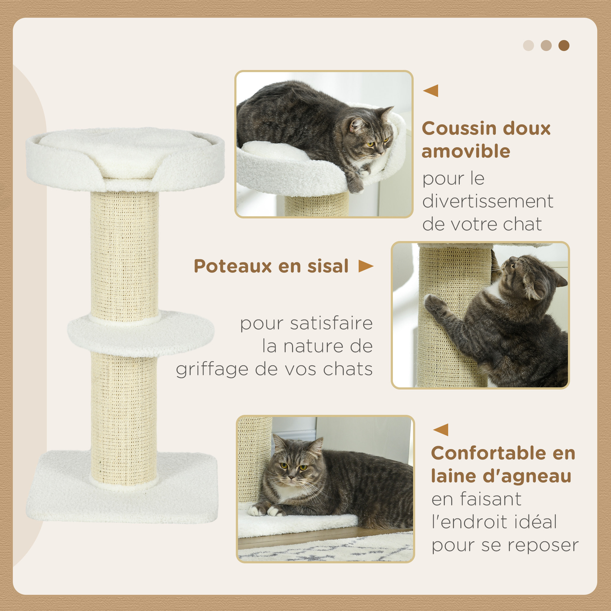 Arbre à chat avec griffoir centre d'activités 2 plateformes coussin crème